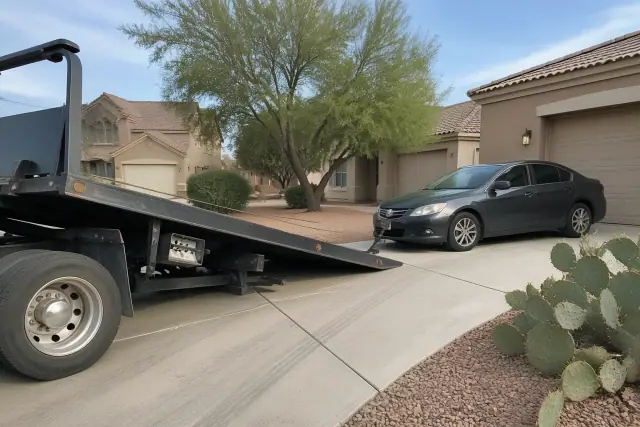 Flatbed tow truck loading a vehicle from a residential concrete driveway in Glendale, AZ.
