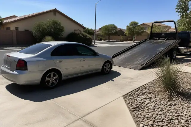 A vehicle on a concrete driveway in Surprise, AZ, ready to be winched onto a flatbed tow truck.