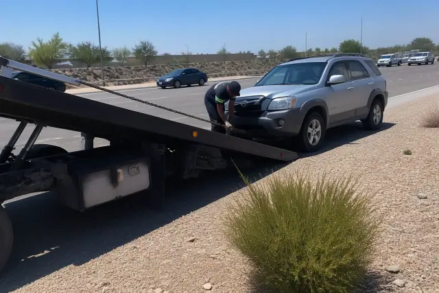 A flatbed tow truck loading a disabled vehicle on a gravel highway shoulder in Tempe, AZ.