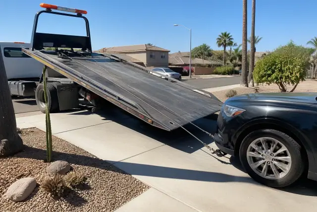 Flatbed tow truck loading a vehicle onto the bed from a residential driveway in Avondale, AZ.