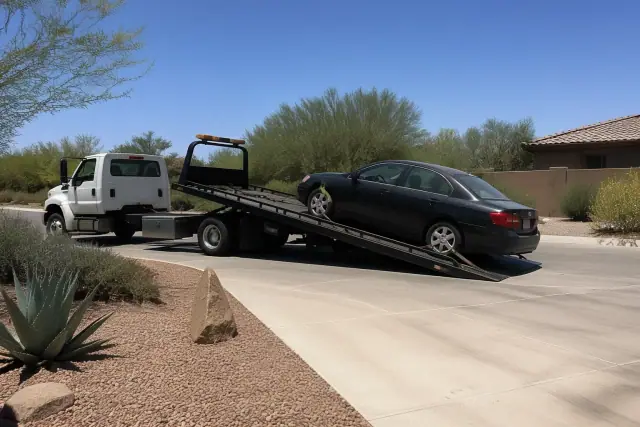 A passenger car being winched onto a flatbed tow truck on a concrete driveway in Phoenix, AZ.