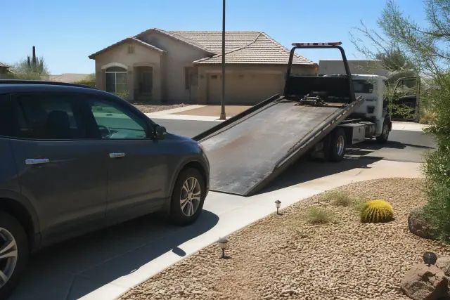 A vehicle being loaded onto a flatbed tow truck on a concrete driveway in Goodyear, AZ.