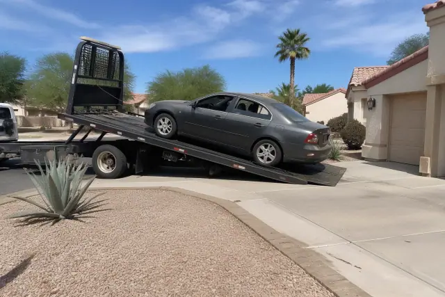 A vehicle being winched onto a flatbed tow truck on a residential driveway in Phoenix, AZ.