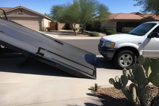 A car on a driveway in Gilbert, AZ, ready to be winched onto a flatbed tow truck.