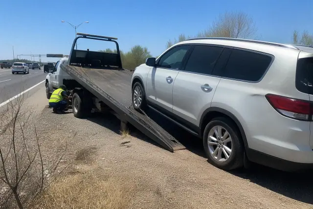 Flatbed tow truck loading a disabled vehicle on a sunny highway shoulder in Phoenix, AZ.