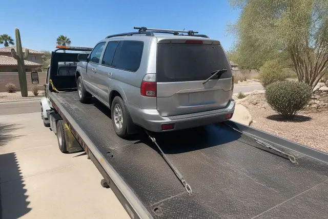 Vehicle being winched onto a flatbed tow truck on a concrete driveway in Phoenix, AZ.