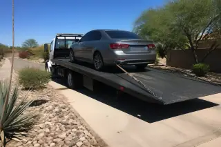 Car centered and strapped onto a flatbed tow truck on a concrete driveway in Phoenix, AZ.