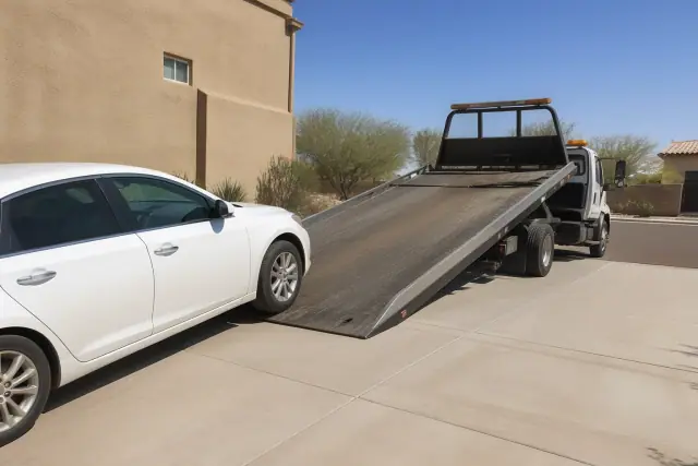 A vehicle parked on a residential driveway in Phoenix, AZ, prepared for winching onto a flatbed tow truck.