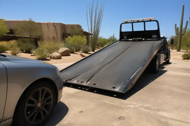 Flatbed tow truck loading a vehicle from a residential driveway in Phoenix, AZ, surrounded by desert landscaping.