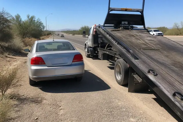 A flatbed tow truck recovering a disabled vehicle on the gravel shoulder of a roadway in Phoenix, AZ.