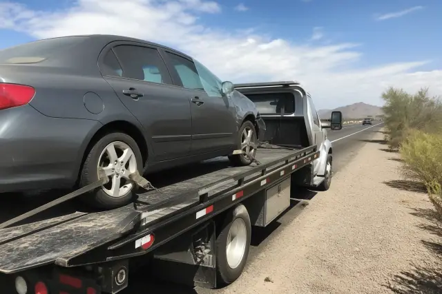 A car secured on a flatbed tow truck on a desert roadside in Phoenix, AZ.