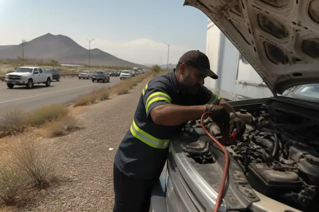 Technician connecting jumper cables to a truck battery on a highway shoulder in Phoenix, AZ.