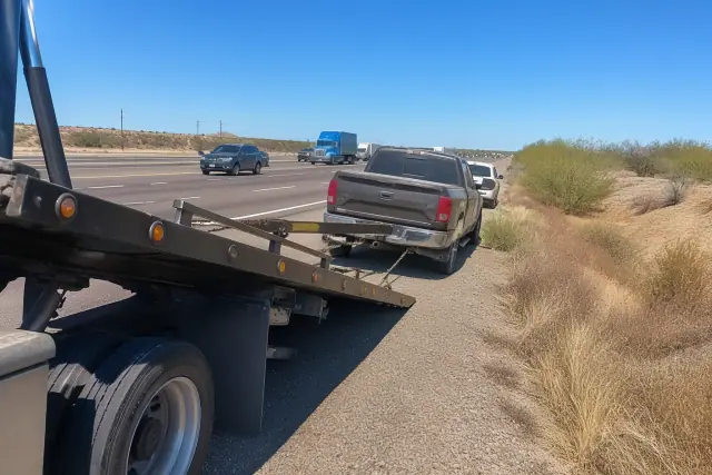 Heavy-duty tow truck with a lowered hydraulic bed recovering a disabled vehicle on a highway shoulder in Phoenix, AZ.
