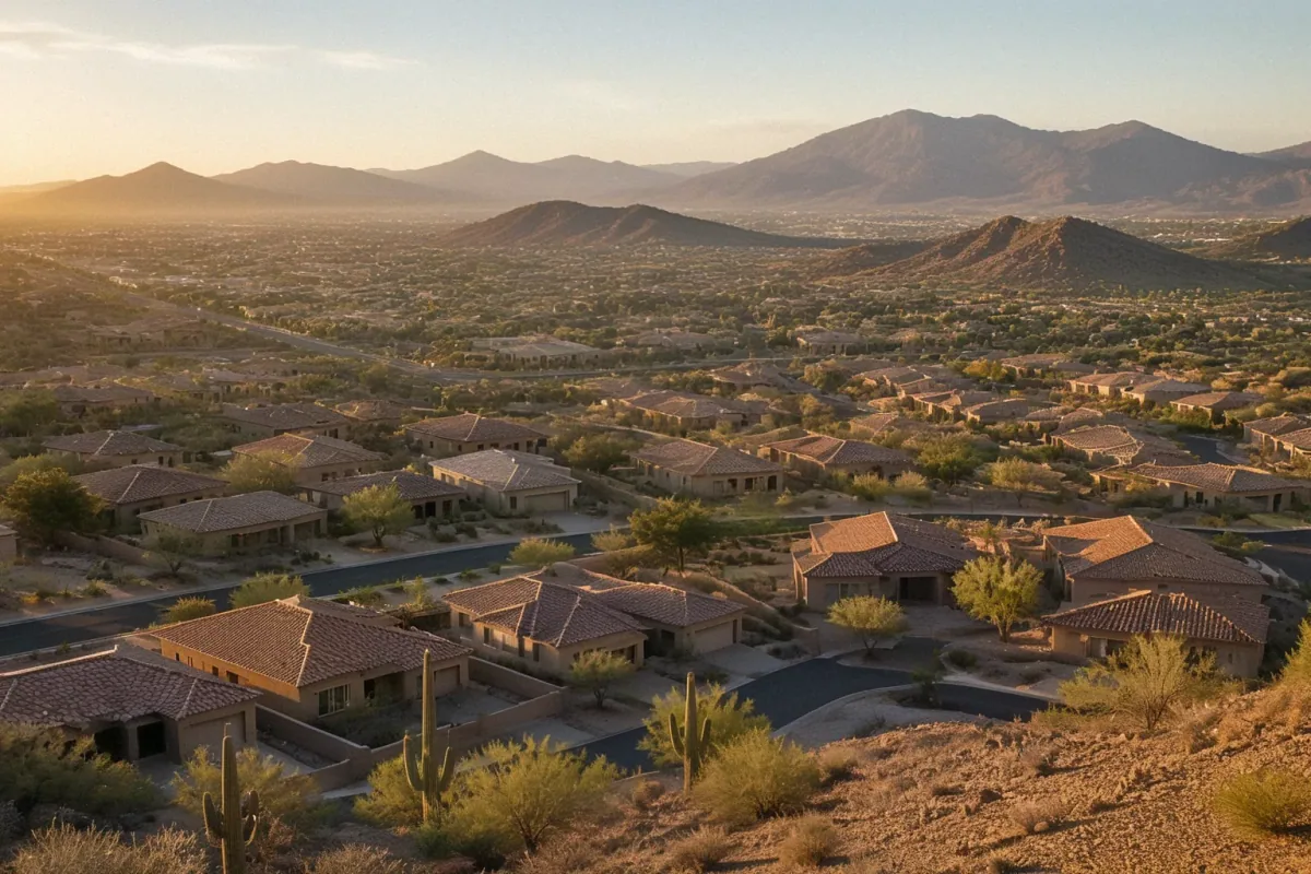 Aerial drone view of the urban landscape, foothills, and residential sprawl in Phoenix, AZ.