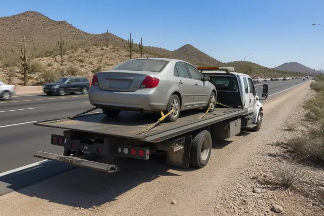 Flatbed tow truck carrying a disabled sedan on a highway in Phoenix, AZ.