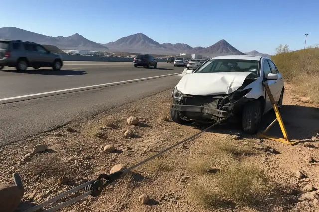 Hydraulic winch line tensioned on a disabled vehicle parked on a highway shoulder in Phoenix, AZ.