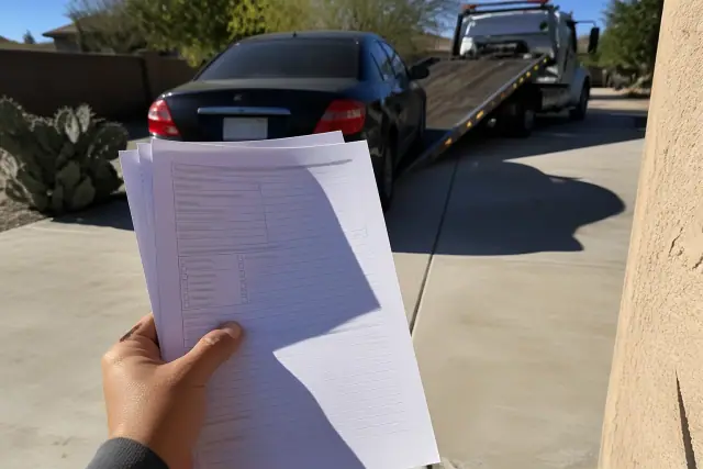 A technician holding impound notice and hearing documents on a driveway in Phoenix, AZ.