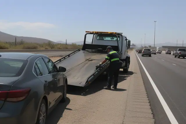 Interstate and Cross-State Towing truck with a tilted hydraulic bed helping a disabled car on a Phoenix, AZ highway.