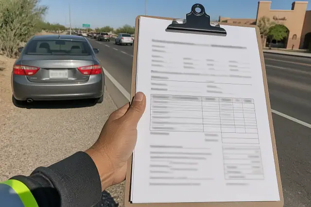 Clipboard with a tow invoice and rates held near a disabled vehicle on a roadside in Phoenix, AZ.