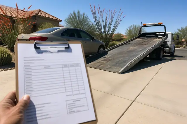 A car on a residential driveway in Phoenix, AZ, being prepared for loading onto a flatbed tow truck with a quote clipboard.