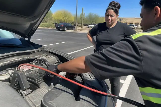 A technician jump-starting a car with jumper cables in a sunny parking lot in Goodyear, AZ.