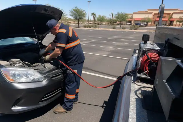 Technician connecting jumper cables to a car with an open hood in a Surprise, AZ parking lot.