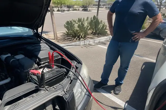 A technician jump-starting a car with jumper cables in a sunny parking lot in Peoria, AZ.