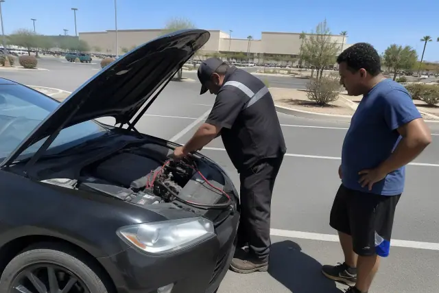 Technician jump-starting a car with an open hood in a parking lot in Avondale, AZ.