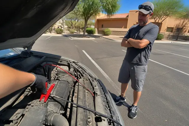 Technician using jumper cables on a car battery in a sunny parking lot in Phoenix, AZ.