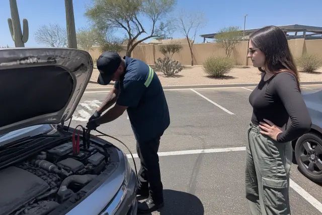 Technician jump-starting a vehicle in a sunny parking lot in Chandler, AZ.