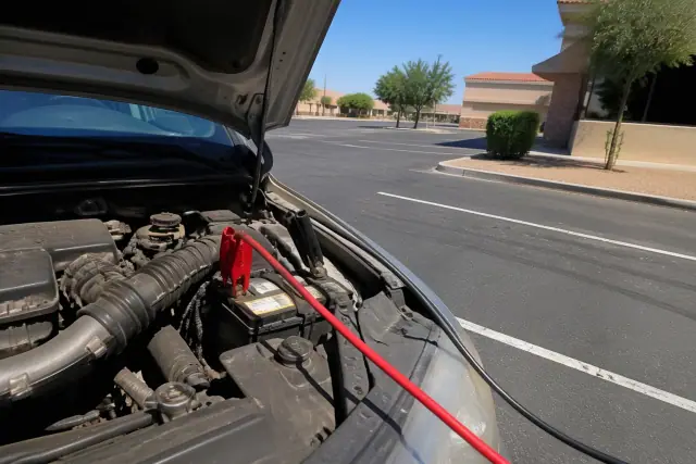 Jumper cables connected to a car battery with an open hood in a parking lot in Gilbert, AZ.
