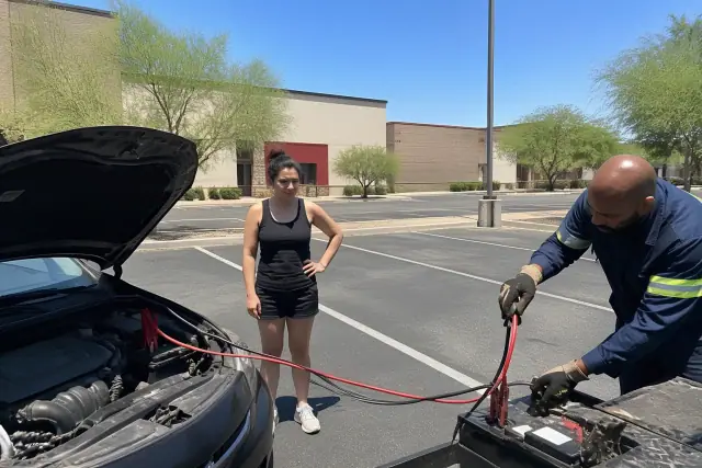 A technician using jumper cables to start a car in a Tempe, AZ parking lot.