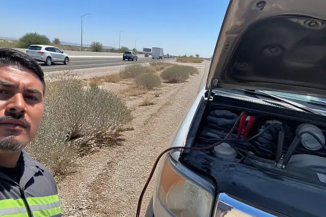A technician jump-starting a disabled vehicle on a highway shoulder in Glendale, AZ.