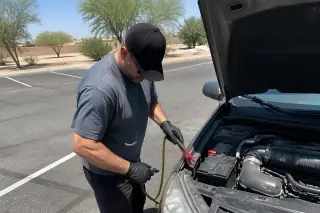 Service professional removing jumper cables from a car battery in a parking lot in Phoenix, AZ.