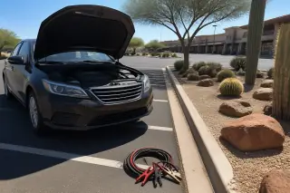 Open hood of a sedan with coiled jumper cables on an asphalt parking lot in Phoenix, AZ.
