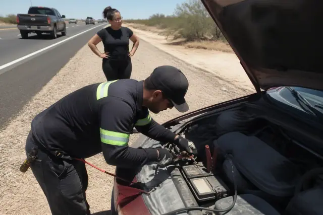 A contractor jump-starting a disabled vehicle on a sunny highway shoulder in Phoenix, AZ.