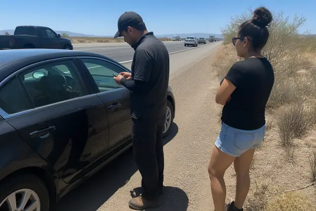 Technician assisting a person with a car lockout on a highway shoulder in Phoenix, AZ.