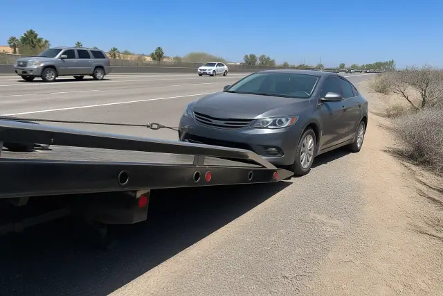 Tow truck loading a disabled vehicle on a highway shoulder in Phoenix, AZ.