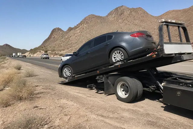 A disabled vehicle being winched onto a hydraulic tow truck on a desert highway shoulder in Phoenix, AZ.