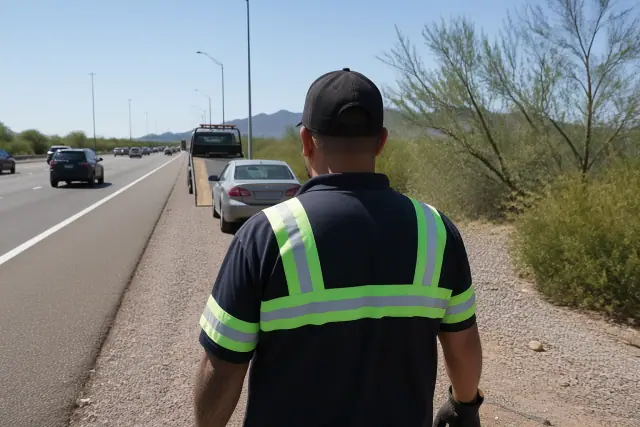 A towing professional working on a disabled vehicle on a roadside in Phoenix, AZ with desert landscape in the background.
