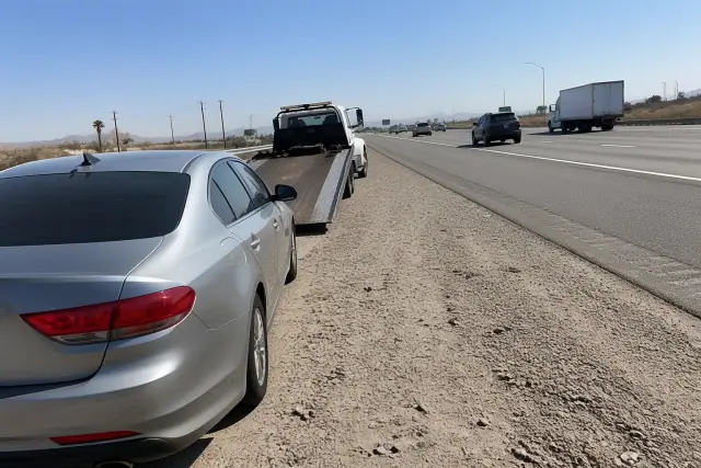A disabled vehicle parked on the shoulder of the I-10 corridor in Phoenix, AZ, with desert scrub in the background.