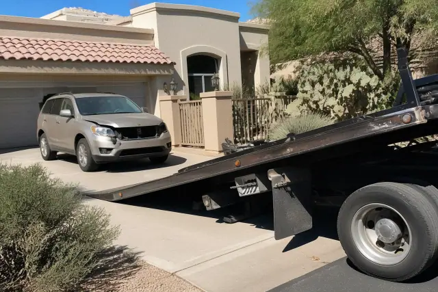 Tow truck winching a vehicle on a residential driveway in Scottsdale, AZ.