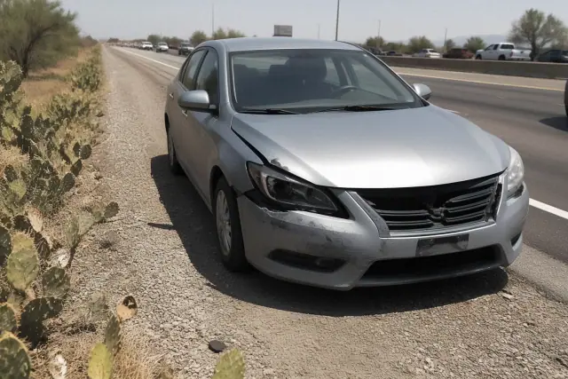 Disabled vehicle parked on a gravel highway shoulder in Gilbert, AZ with desert landscape in the background.