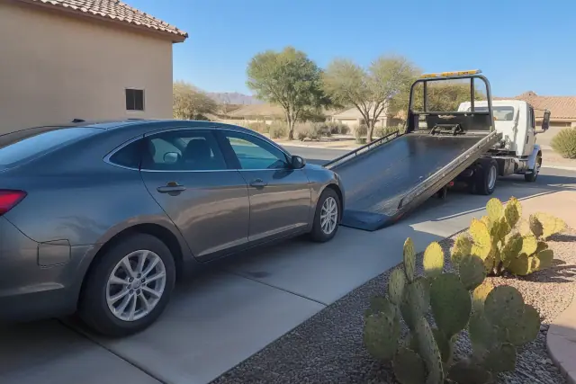 A car on a concrete driveway being loaded onto a tow truck bed at a residence in Avondale, AZ.