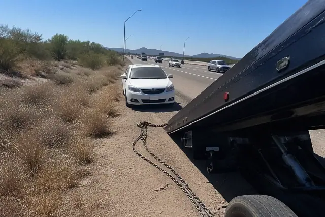 Tow truck loading a disabled vehicle on a highway shoulder in Chandler, AZ.