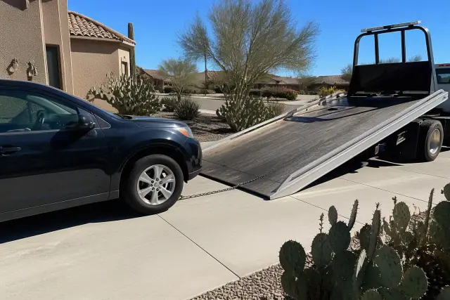A vehicle on a residential driveway in Peoria, AZ, being secured to a tow truck bed.