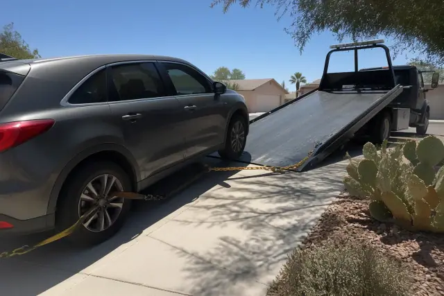 Vehicle on a driveway being prepared for towing on a residential street in Glendale, AZ.