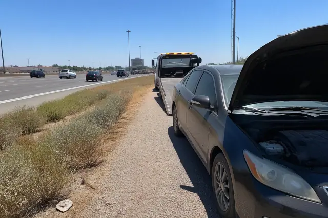 A disabled vehicle parked on the gravel shoulder of a highway in Tempe, AZ during the day.