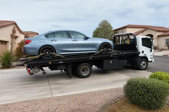 A car secured with wheel straps on a flatbed tow truck in a residential driveway in Goodyear, AZ.