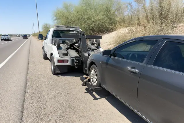 Wheel-lift tow truck recovering a disabled car on a gravel shoulder in Phoenix, AZ.